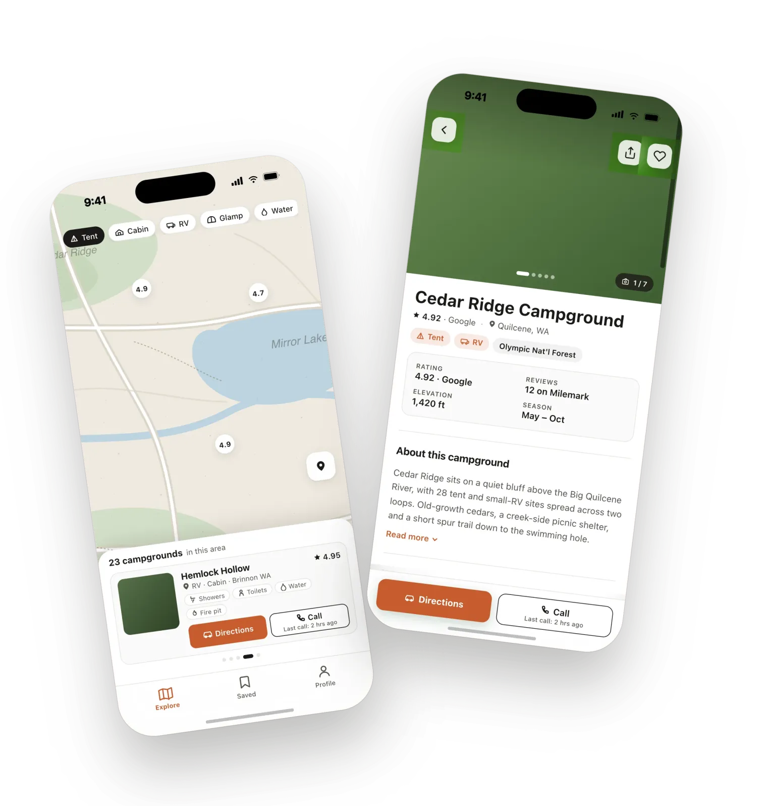 Two iPhones showing the Milemark app: the campground map with filters, and a campground detail page with ratings and directions.